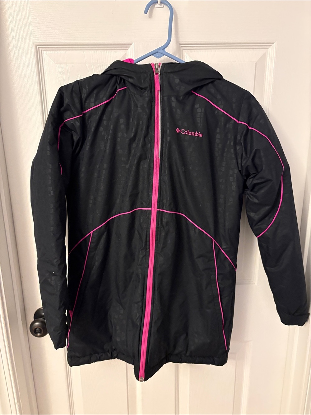 Columbia Black Hooded Puffer Jacket with Pink Trim